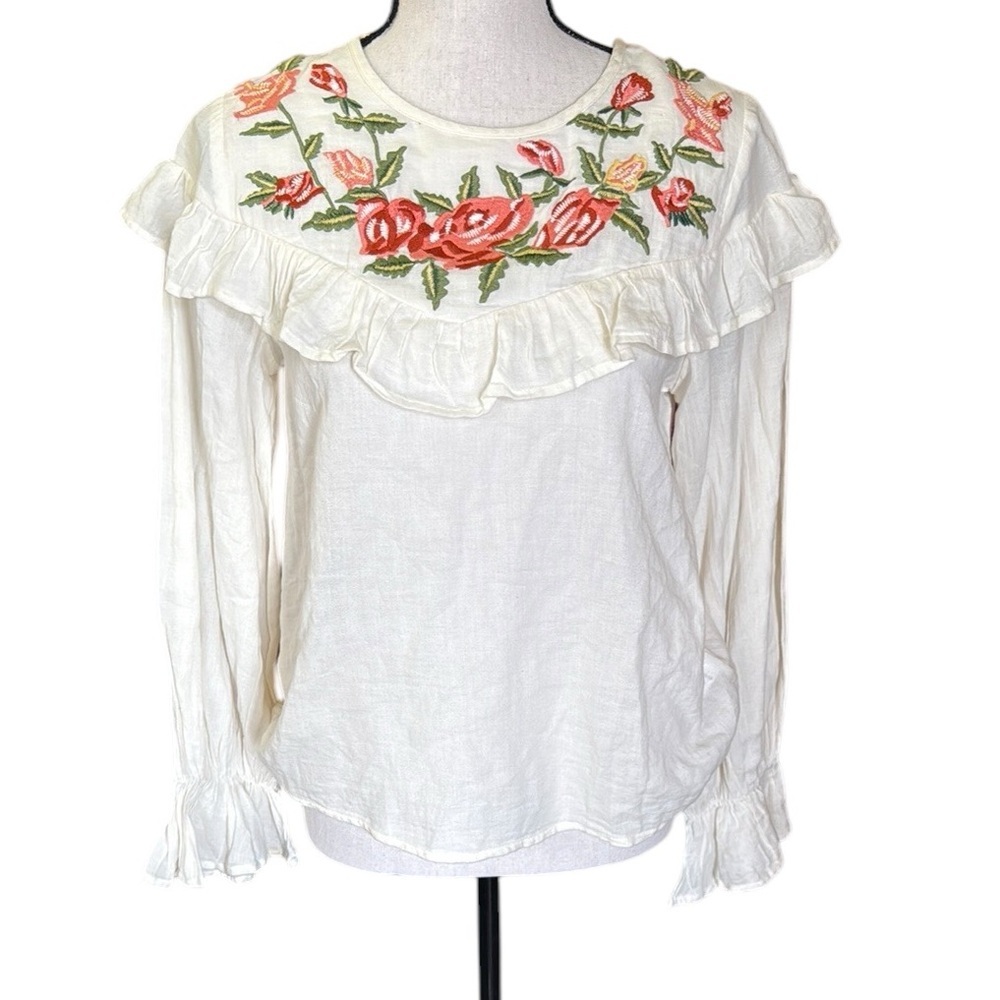 NWT THML Floral Embroidered ruffle top ruched sleeve boho Blouse prairie cottage